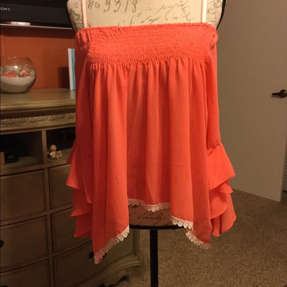 Coral Off Shoulder Sheer Top. Very comfortable! - Picture 6 of 8